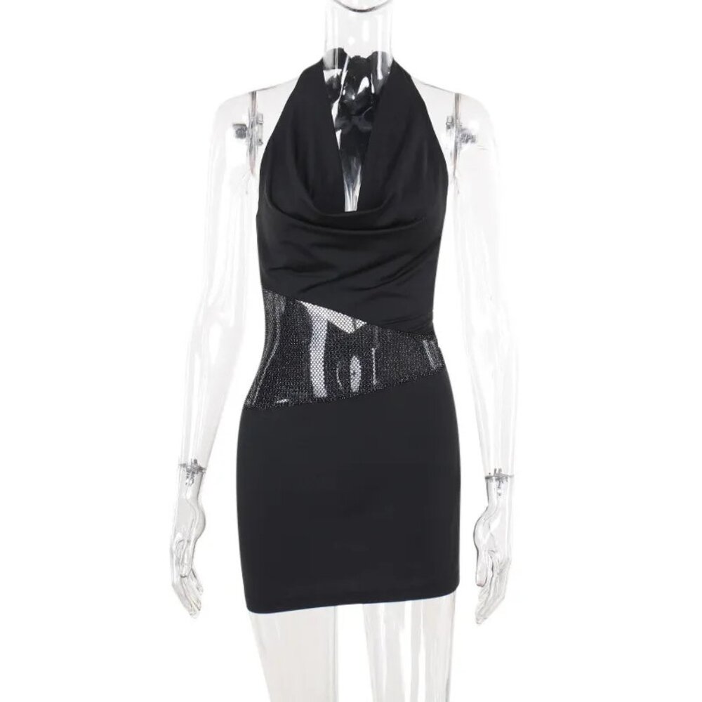 Slim Deep U-Neck Dress | Sequin Mesh Patchwork | Sleeveless Halter | S